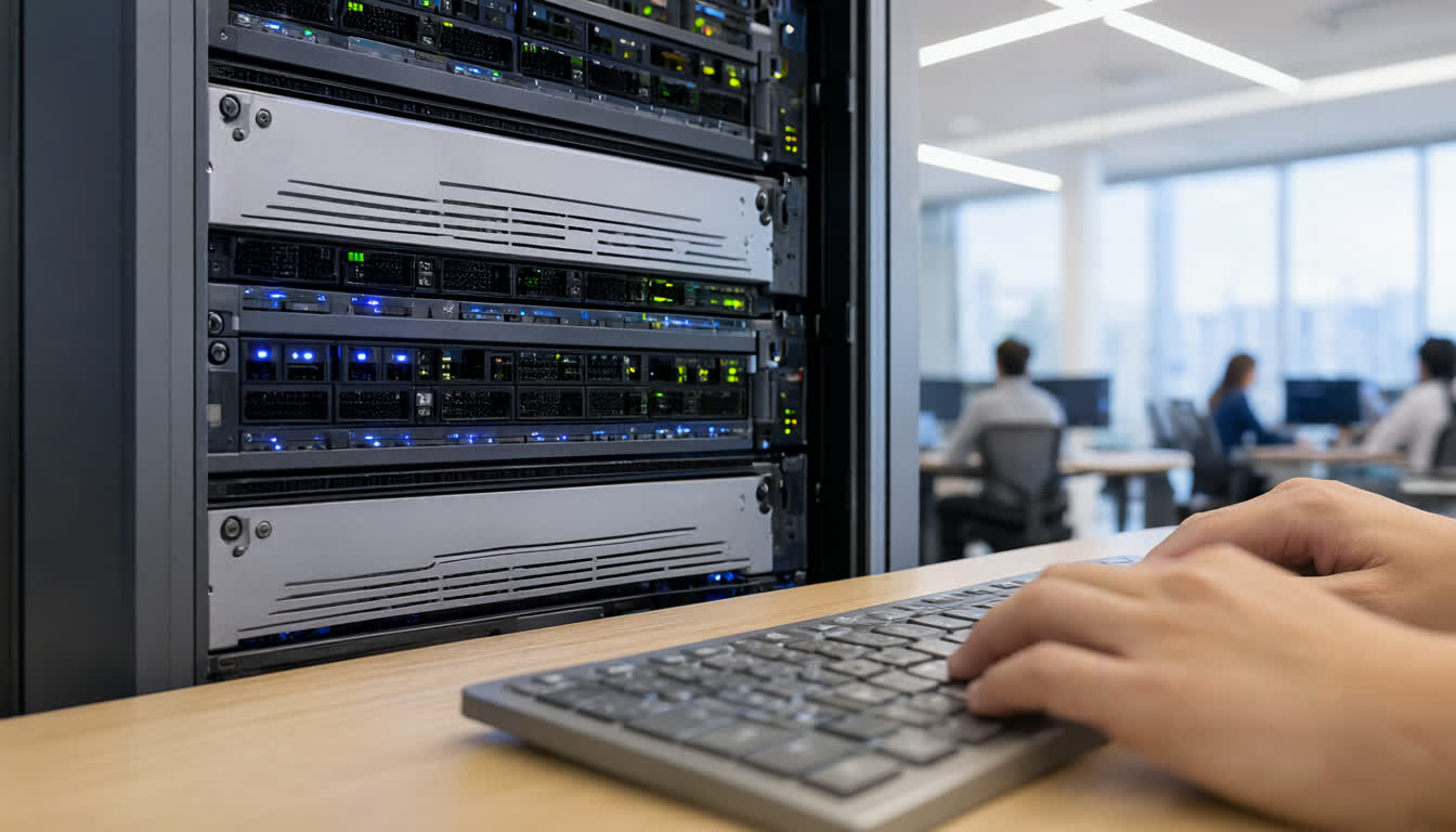 Настройка обмена данными и выгрузка счетов в IT-офисе компании Сотрудник работает за эргономичной клавиатурой в IT-офисе на фоне серверных стоек для автоматизации процессов 1С ГИС ЖКХ