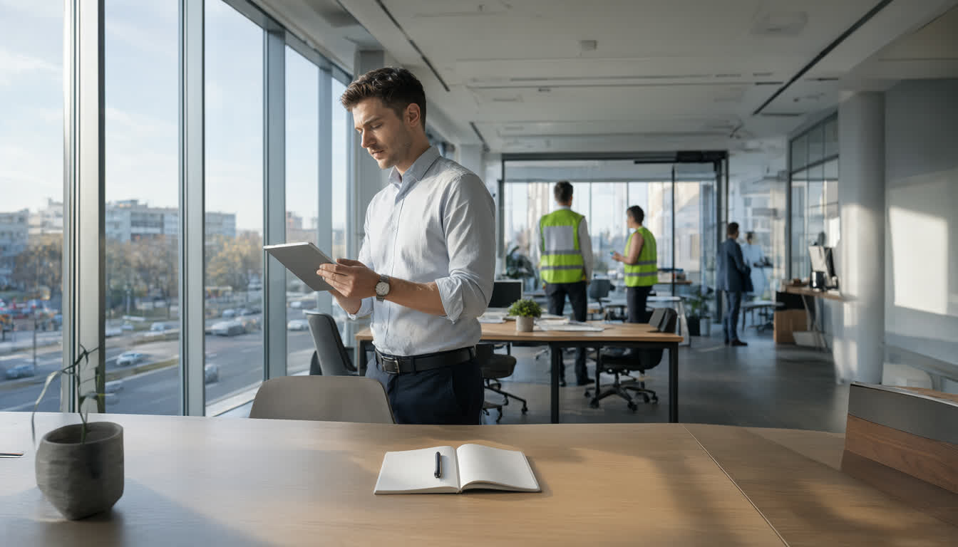 Организация рабочего процесса с помощью CRM-системы Руководитель в офисе изучает данные на планшете у окна, рядом блокнот и ручка. Поиск простой CRM для малого бизнеса помогает навести порядок в заявках.